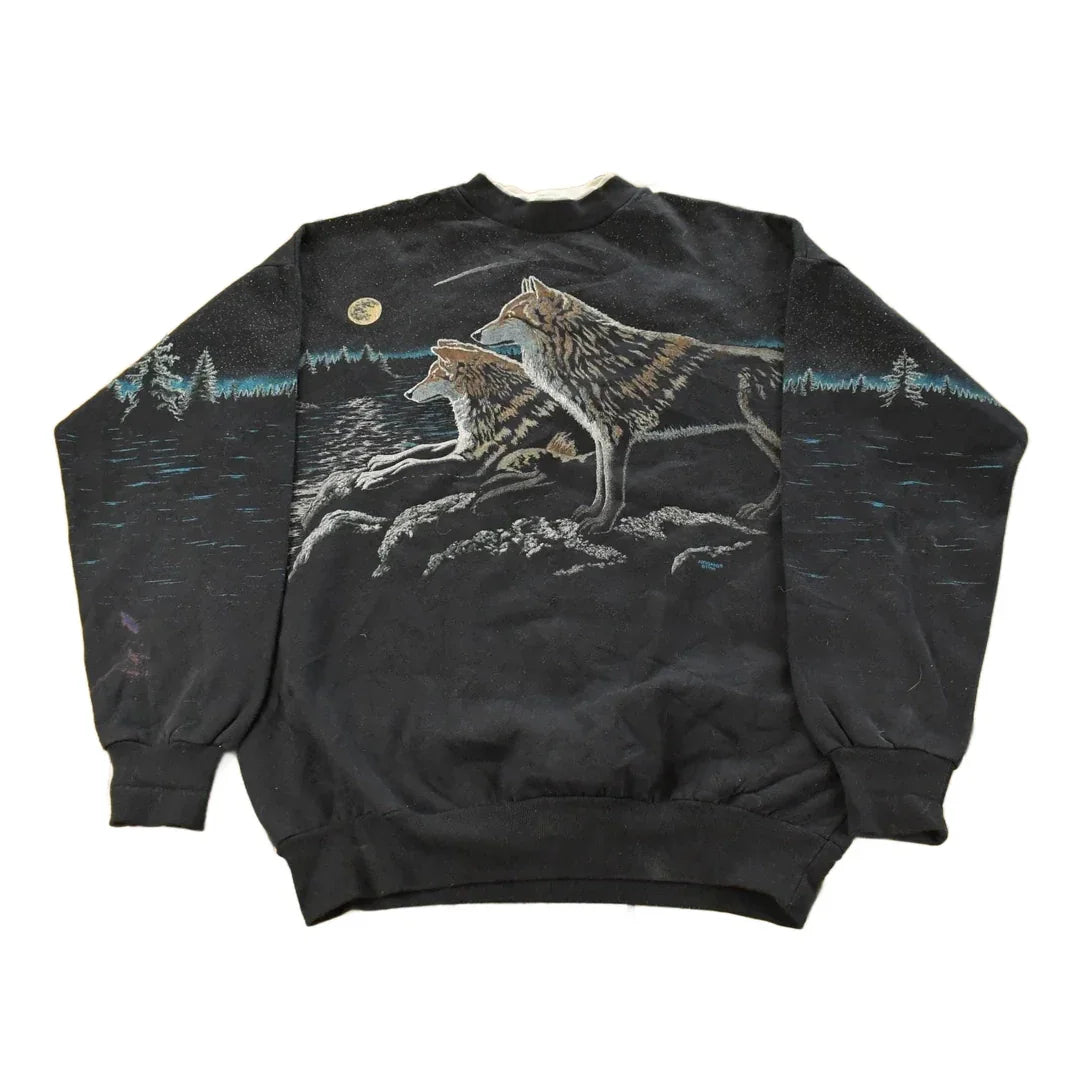 Vintage 1990s Artisans Wolf Graphic Henley Crewneck Sweatshirt Mens Large from propervintagecanada