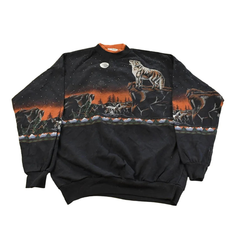 Vintage 1990s Artisans Wolf Graphic Print AOP Crewneck Sweatshirt Mens XL from propervintagecanada