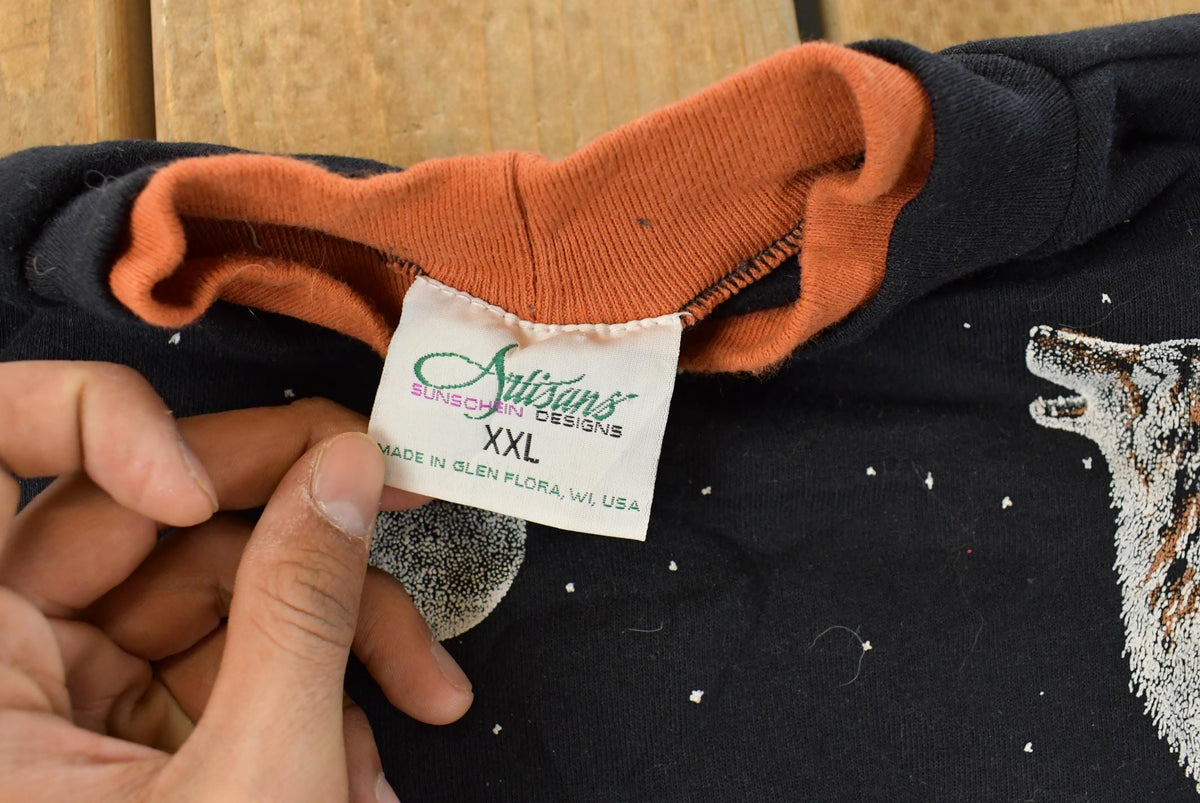 Vintage 1990s Artisans Wolf Graphic Print AOP Crewneck Sweatshirt Mens XL from propervintagecanada