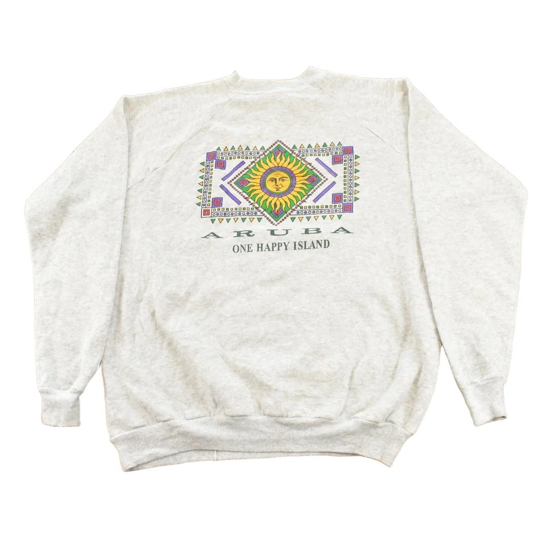 Vintage 1990s Aruba One Happy Island Graphic Travel Crewneck Sweatshirt Men's L / 90s Streetwear / Destination Souvenir / Made In USA from propervintagecanada