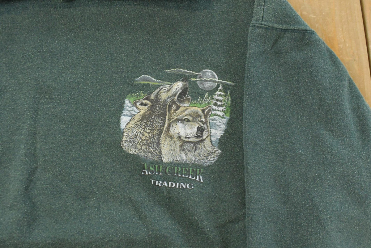 Vintage 1990s Ash Creek Graphic Wolf Hoodie Sweatshirt Men's Medium from propervintagecanada