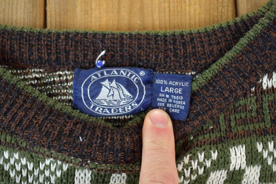 Vintage 1990s Atlantic Traders Knit Abstract Pattern Crewneck Sweater Made In 90s Crewneck Men's Large from propervintagecanada