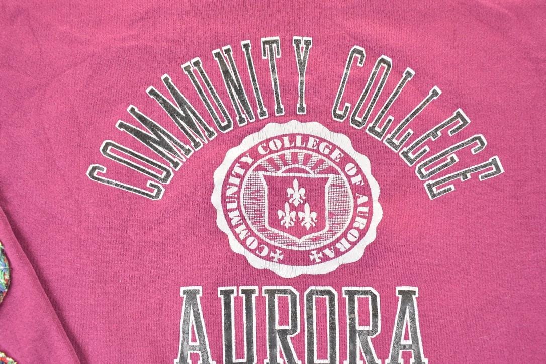 Vintage 1990s Aurora Community College Puppy Patchwork Crewneck Sweatshirt Men's XL from propervintagecanada