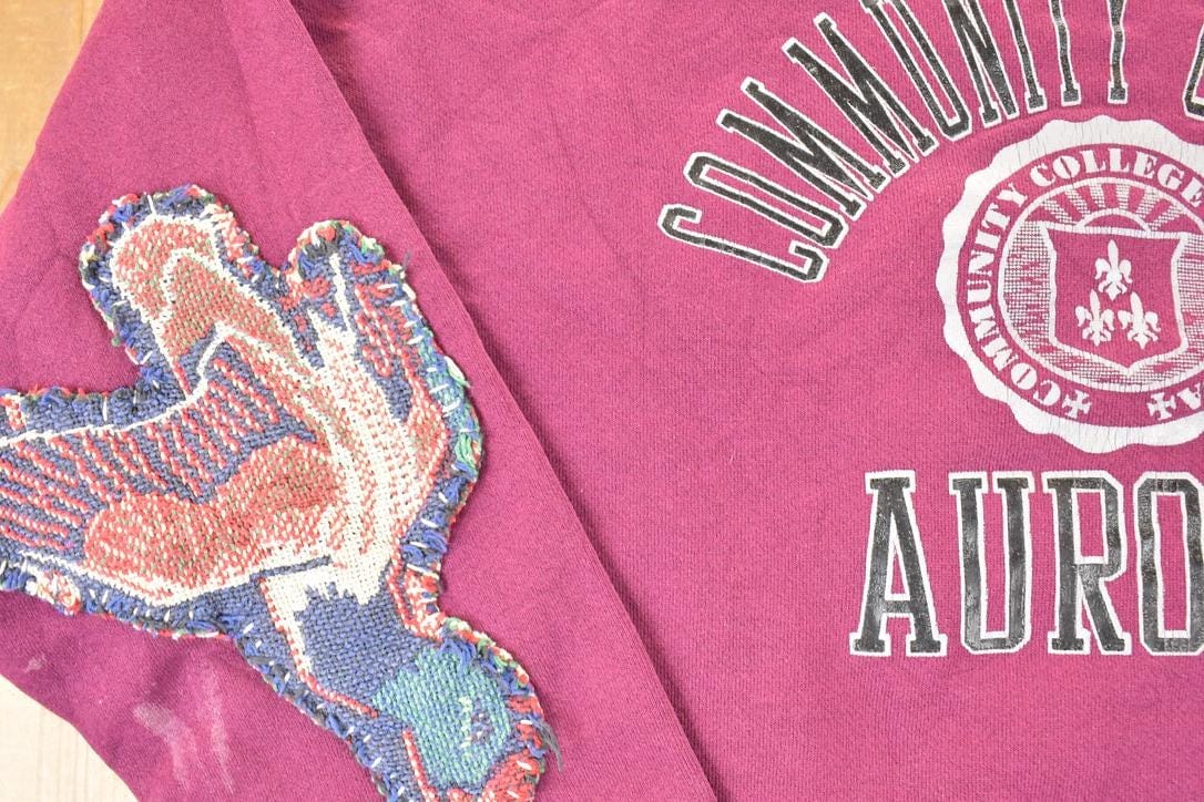 Vintage 1990s Aurora Community College Puppy Patchwork Crewneck Sweatshirt Men's XL from propervintagecanada