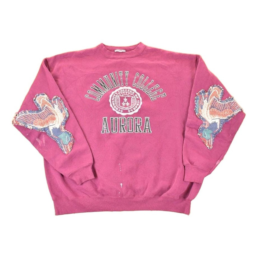 Vintage 1990s Aurora Community College Puppy Patchwork Crewneck Sweatshirt Men's XL from propervintagecanada