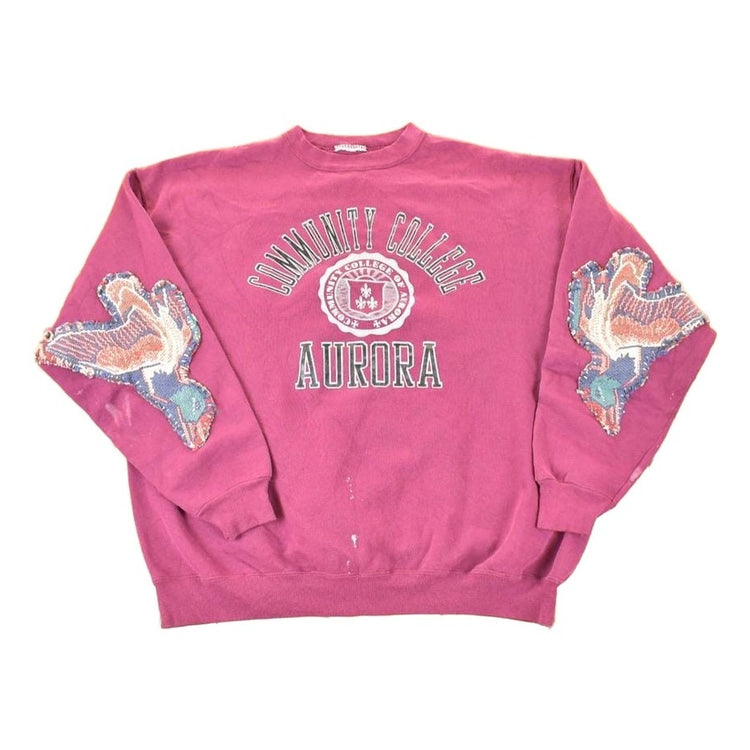 Vintage 1990s Aurora Community College Puppy Patchwork Crewneck Sweatshirt Men's XL from propervintagecanada