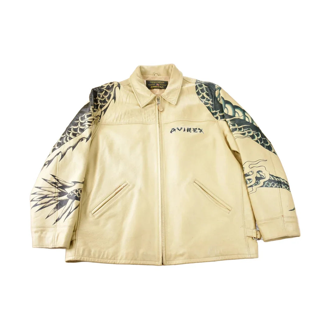 Vintage 1990s Avirex USA Japanese Dragons Graphic Leather Jacket Size 3XL from propervintagecanada