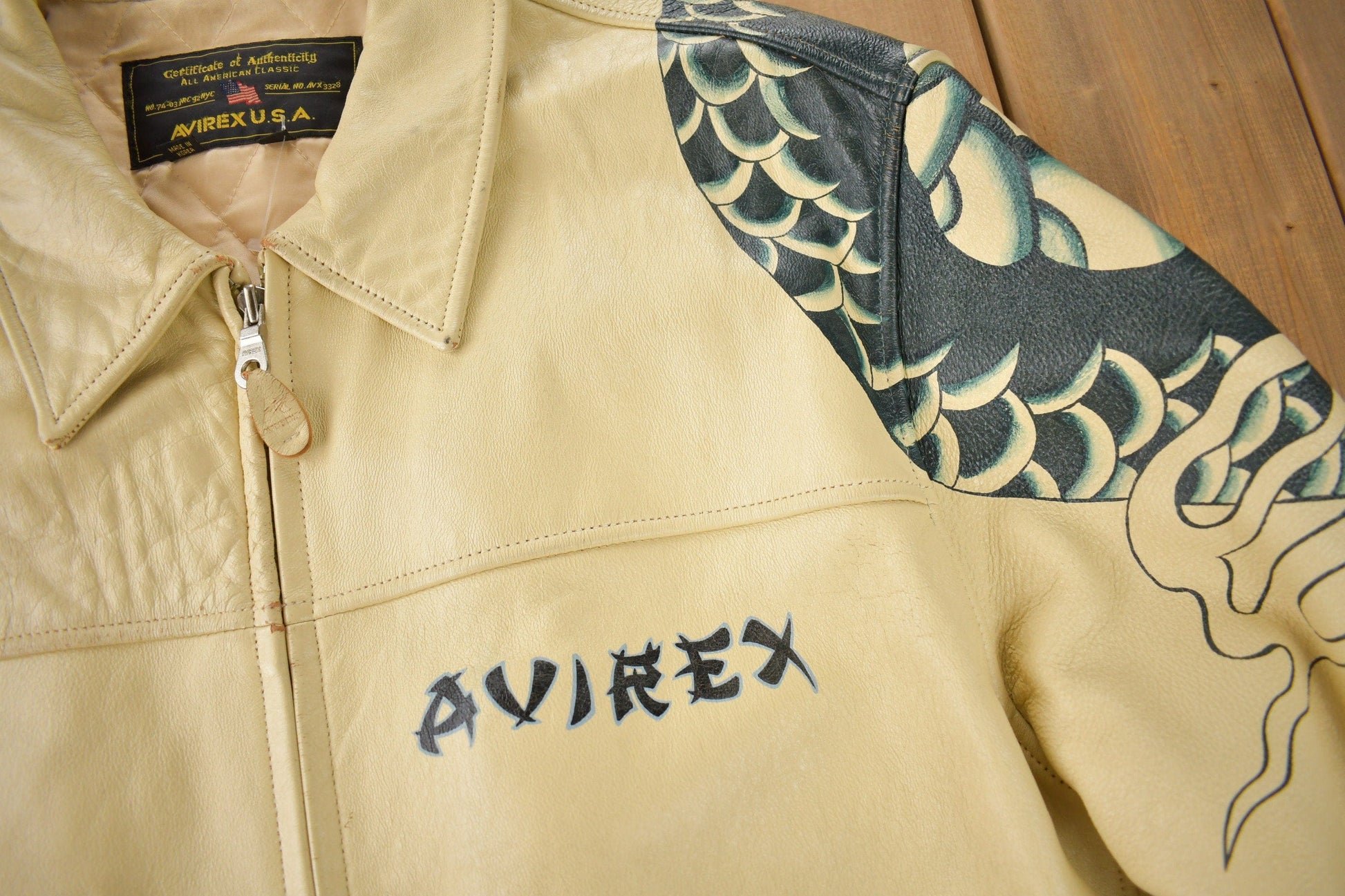 Vintage 1990s Avirex USA Japanese Dragons Graphic Leather Jacket Size 3XL from propervintagecanada