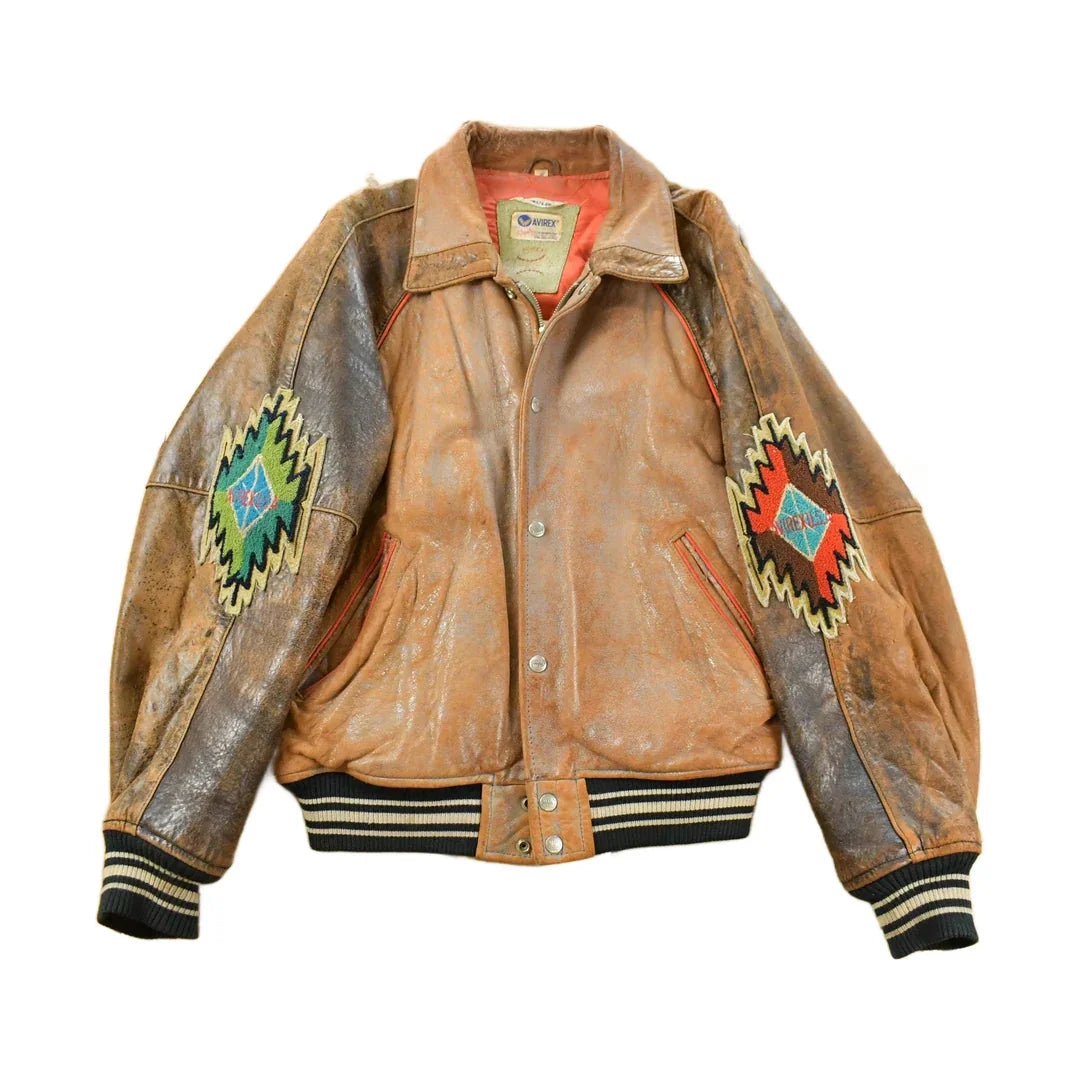 Vintage 1990s Avirex USA Native Tribal Leather Varsity Jacket Men's Medium from propervintagecanada