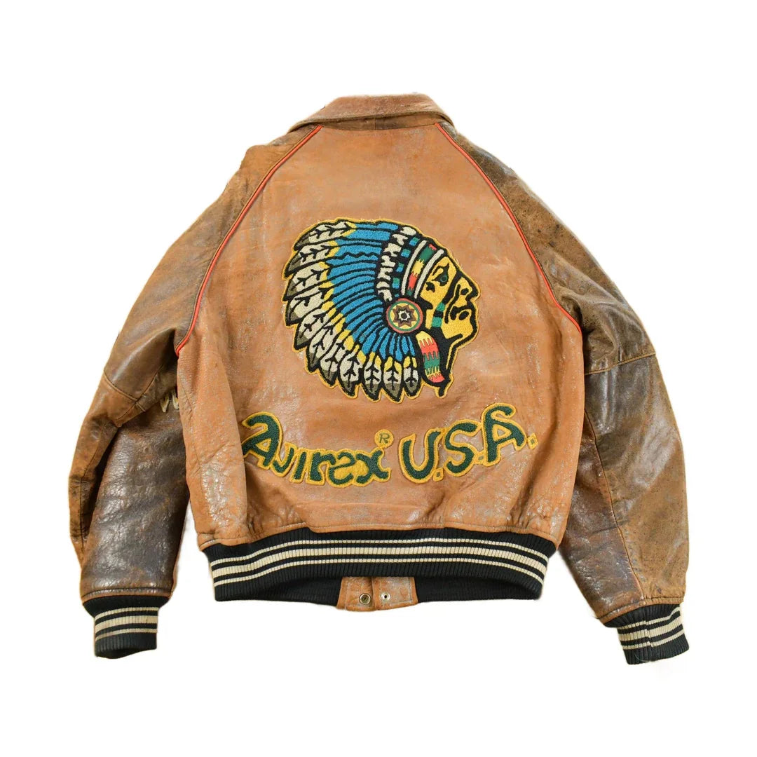 Vintage 1990s Avirex USA Native Tribal Leather Varsity Jacket Men's Medium from propervintagecanada