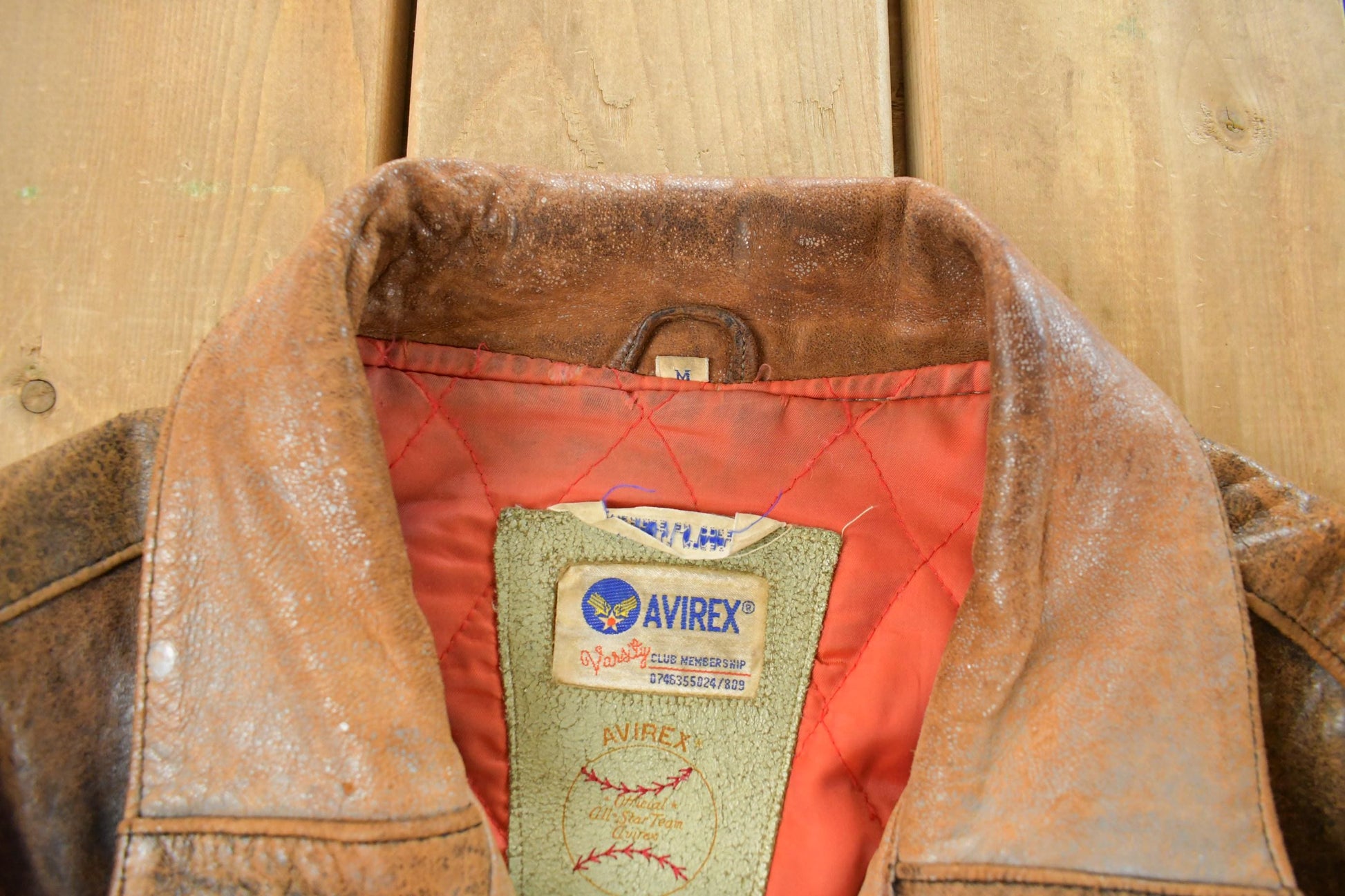 Vintage 1990s Avirex USA Native Tribal Leather Varsity Jacket Men's Medium from propervintagecanada