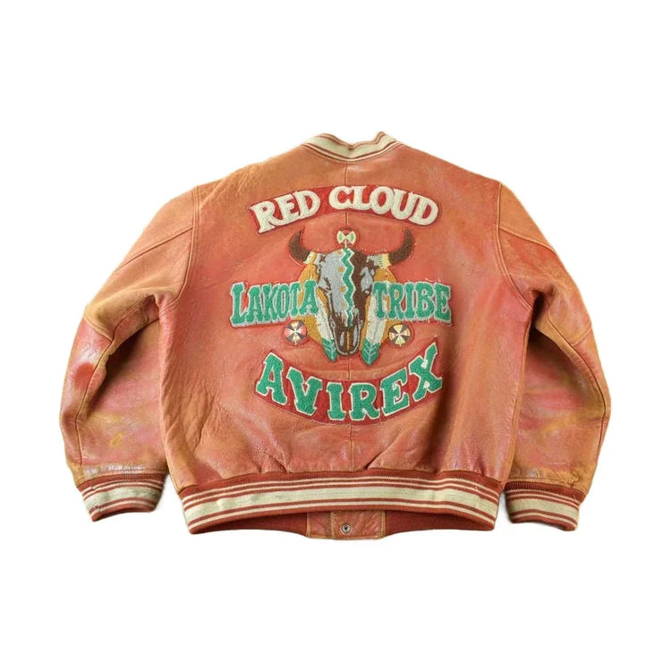 Vintage 1990s Avirex USA Red Cloud Lakota Tribe Genuine Leather Varsity Jacket Men's Large from propervintagecanada