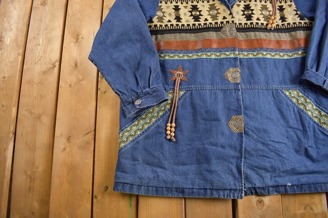 Vintage 1990s Aztec Western Denim Jean Jacket Men's 2XL from propervintagecanada