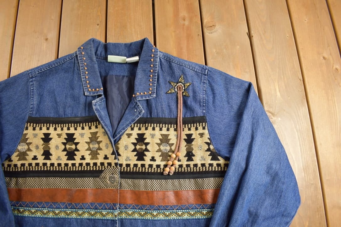 Vintage 1990s Aztec Western Denim Jean Jacket Men's 2XL from propervintagecanada