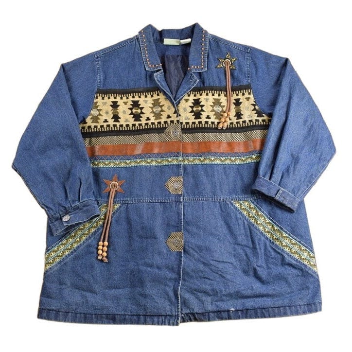 Vintage 1990s Aztec Western Denim Jean Jacket Men's 2XL from propervintagecanada