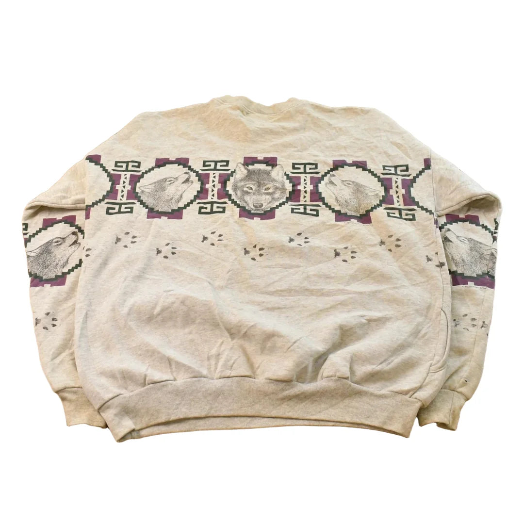 Vintage 1990s Aztec Wolf Theme Crewneck Sweatshirt Men's 2XL from propervintagecanada