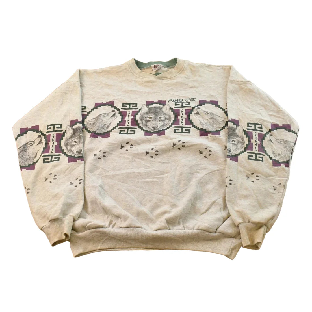 Vintage 1990s Aztec Wolf Theme Crewneck Sweatshirt Men's 2XL from propervintagecanada