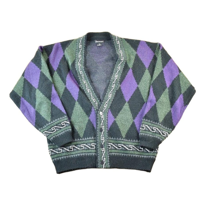 Vintage 1990s Bachrach Wool Blend Argyle Print Knit Cardigan Sweater Mens M from propervintagecanada