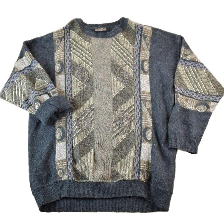 Vintage 1990s Baffo Wool Knit Abstract Pattern Crewneck Sweater Men's 2XL from propervintagecanada