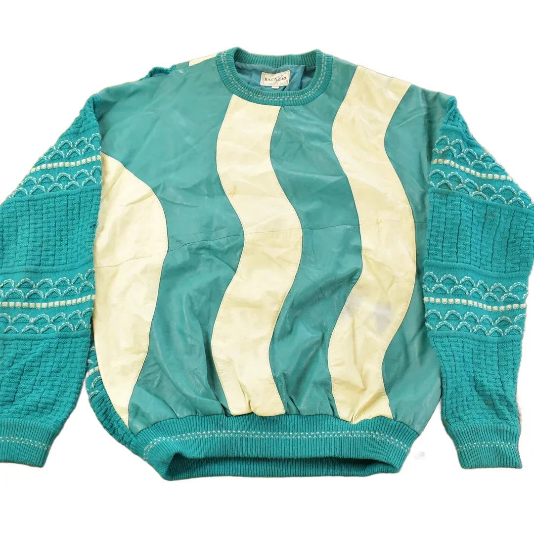 Vintage 1990s Bagazio Leather Knit Crewneck Sweater Men's XL / 90s Crewneck / Knit Sweater / Heavy Weight from propervintagecanada