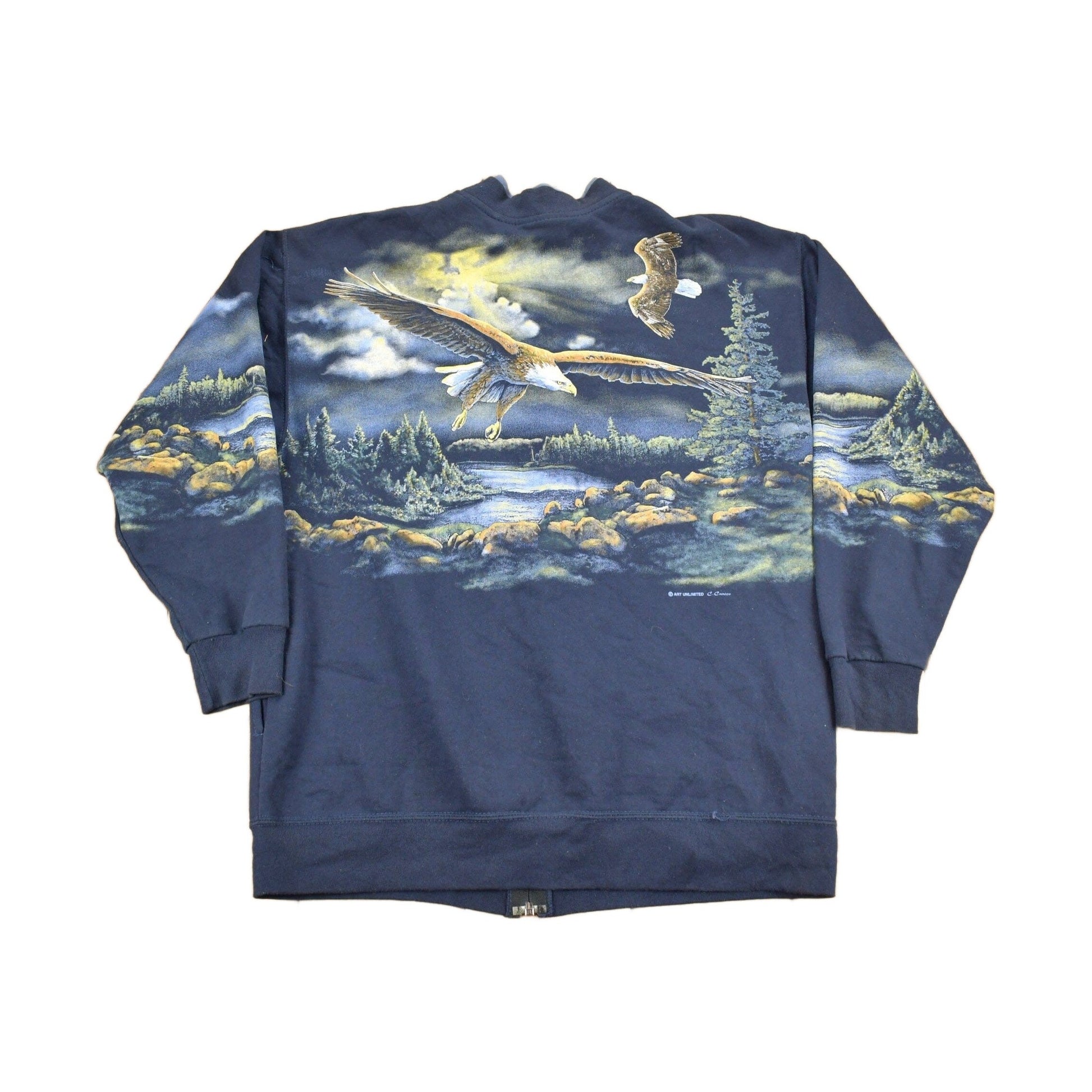 Vintage 1990s Bald Eagle Theme All Over Print Zip Up Sweater Men's Medium from propervintagecanada