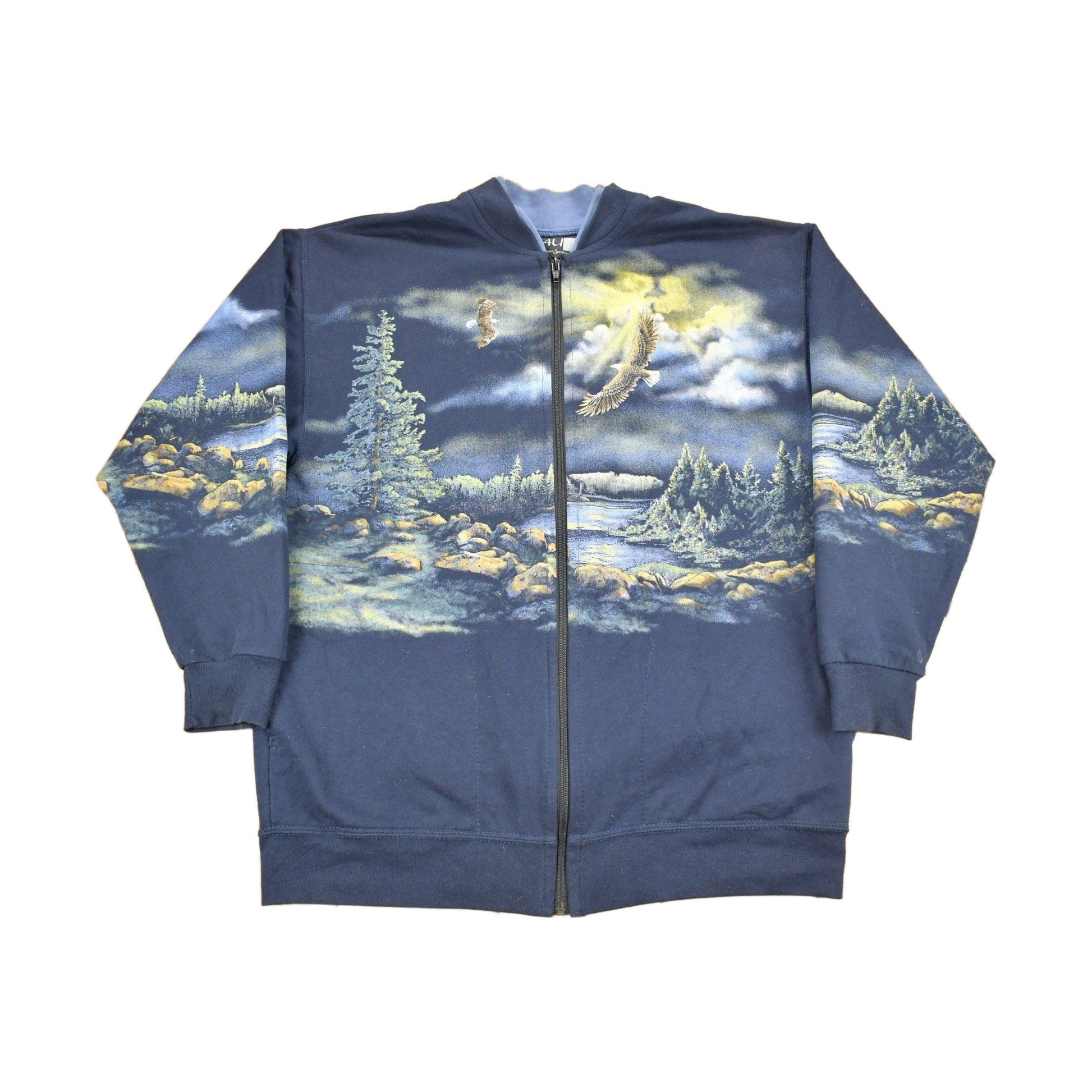 Vintage 1990s Bald Eagle Theme All Over Print Zip Up Sweater Men's Medium from propervintagecanada