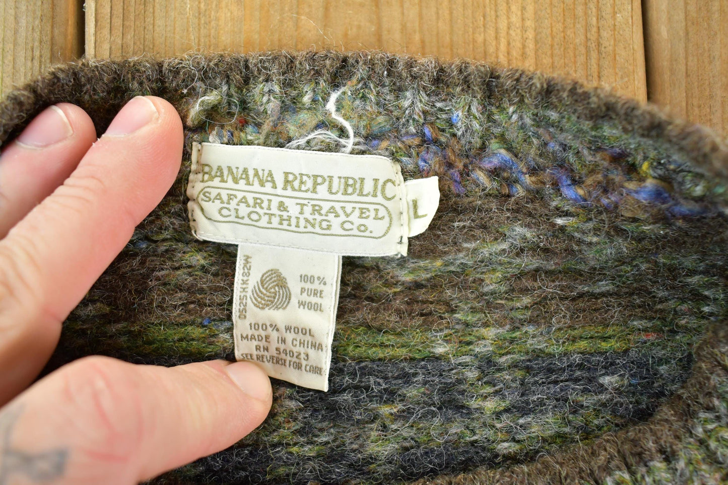 Vintage 1990s Banana Republic Safari And Travel Pure Wool Knit Abstract Pattern Crewneck Sweater Mens Medium from propervintagecanada