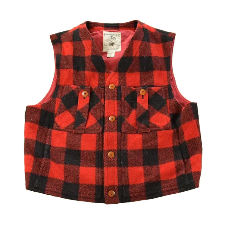 Vintage 1990s Banana Republic Wool Buffalo Plaid Snap On Vest Jacket Men's Medium from propervintagecanada