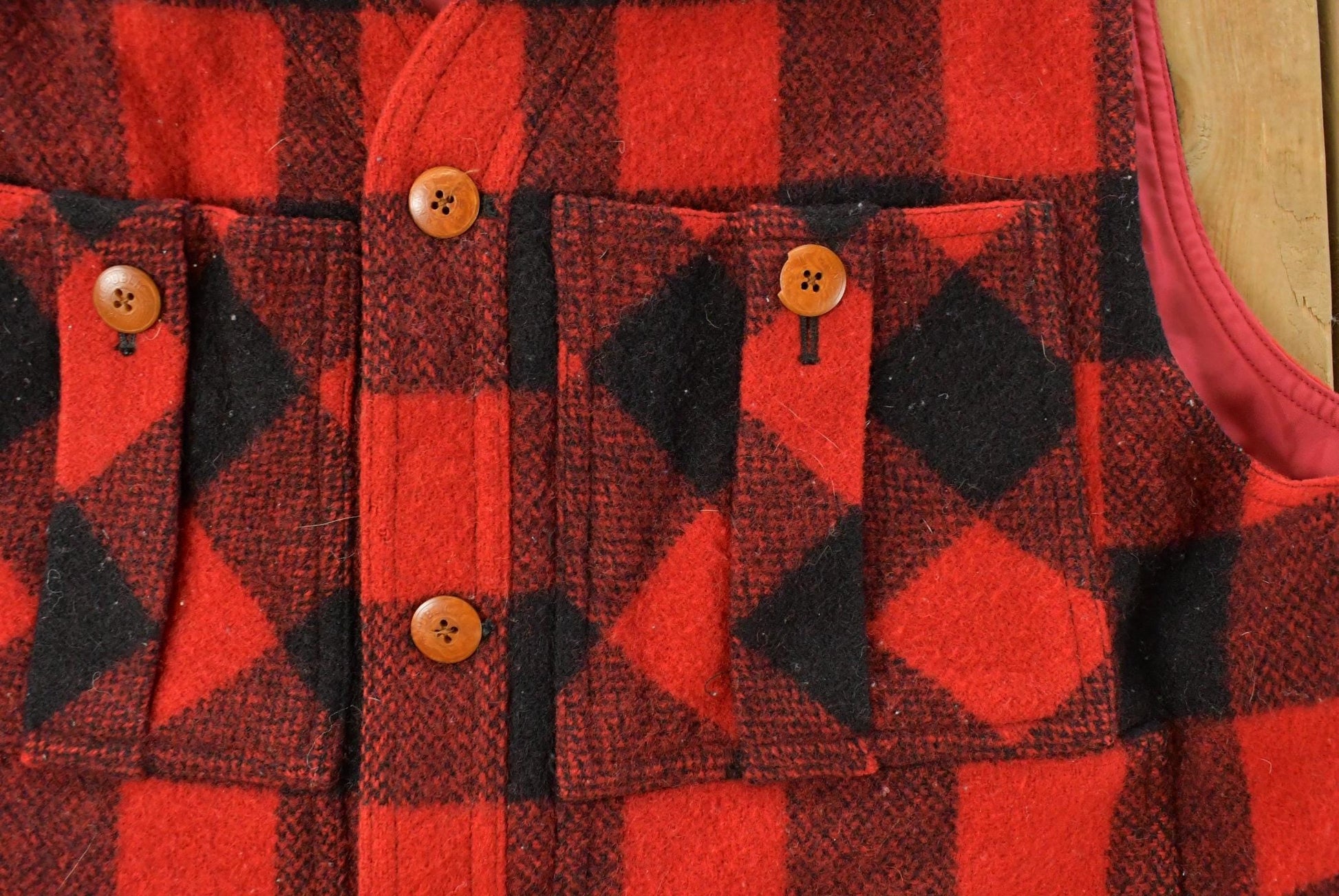 Vintage 1990s Banana Republic Wool Buffalo Plaid Snap On Vest Jacket Men's Medium from propervintagecanada