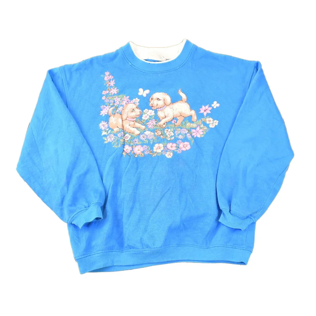 Vintage 1990s Basic Editions Cute Puppy Double Collar Graphic Print Crewneck Sweatshirt Women's L from propervintagecanada