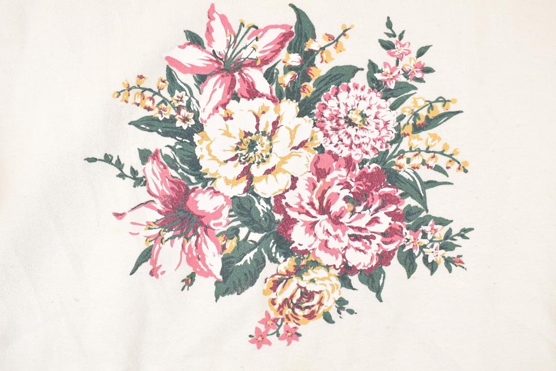 Vintage 1990s Basic Editions Floral Graphic Print Double Collar Crewneck Sweatshirt Womens L from propervintagecanada