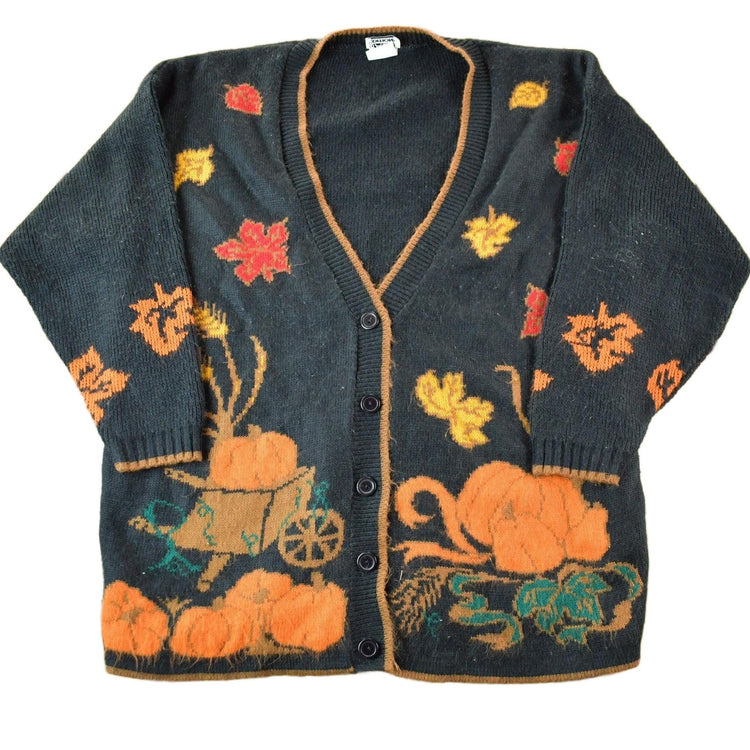 Vintage 1990s Basic Editions Pumpkin All Over Graphic Knit Cardigan Sweater Women's Medium from propervintagecanada