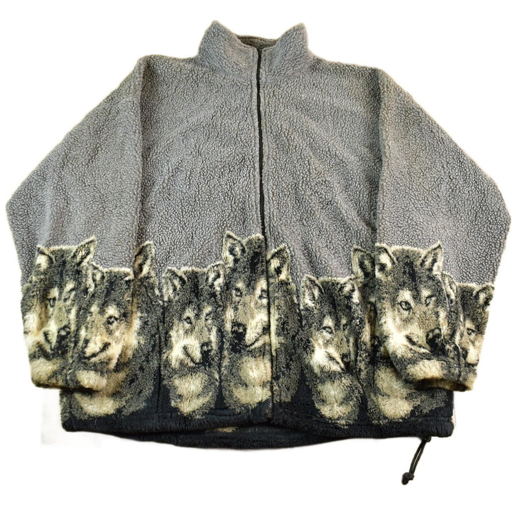 Vintage 1990s Bear Ridge Winter Wolf Theme Full Zip Fleece Sweater Jacket Men's XL from propervintagecanada