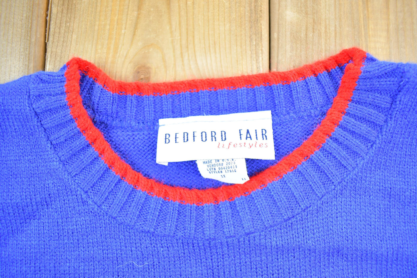 Vintage 1990s Bedford Fair Blue Knit Crewneck Sweater Women's L from propervintagecanada