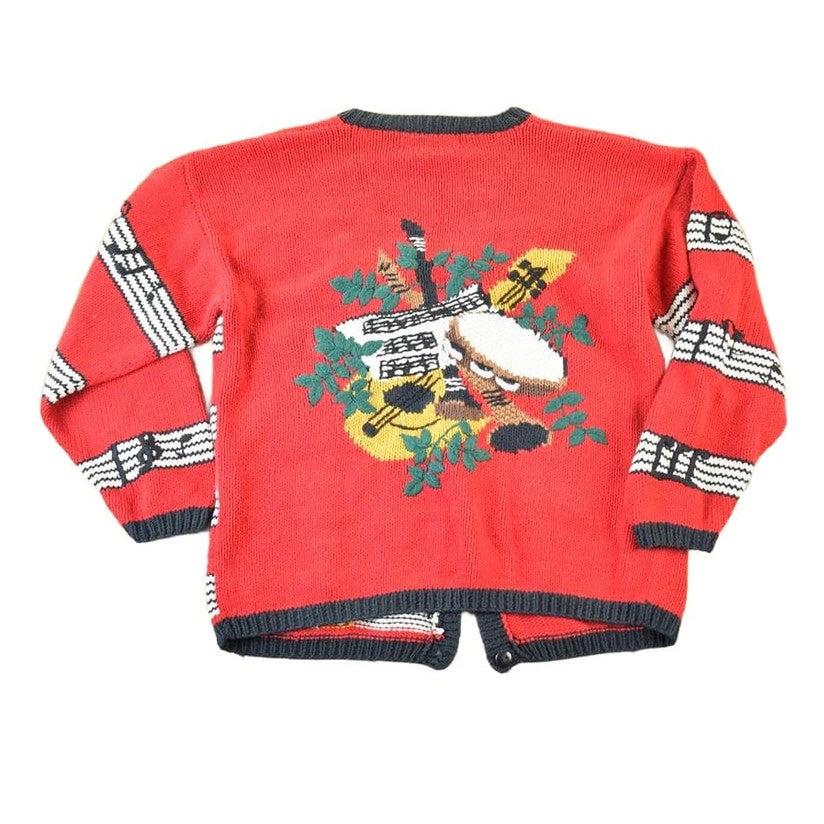 Vintage 1990s Bellepointe Music Instrument All Over Print Knit Abstract Pattern Cardigan Sweater Women's L from propervintagecanada