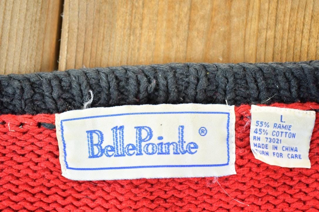 Vintage 1990s Bellepointe Music Instrument All Over Print Knit Abstract Pattern Cardigan Sweater Women's L from propervintagecanada