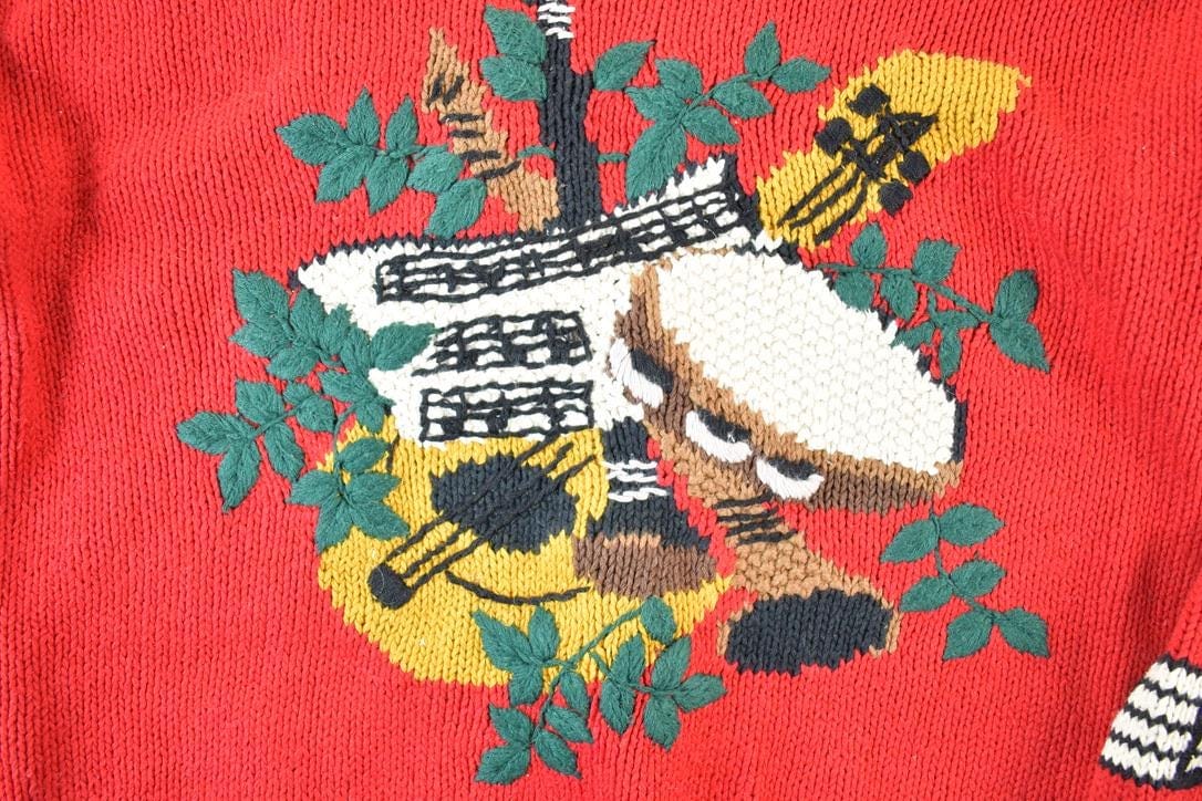 Vintage 1990s Bellepointe Music Instrument All Over Print Knit Abstract Pattern Cardigan Sweater Women's L from propervintagecanada