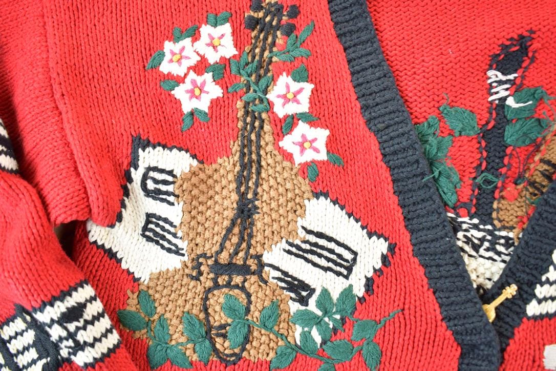 Vintage 1990s Bellepointe Music Instrument All Over Print Knit Abstract Pattern Cardigan Sweater Women's L from propervintagecanada