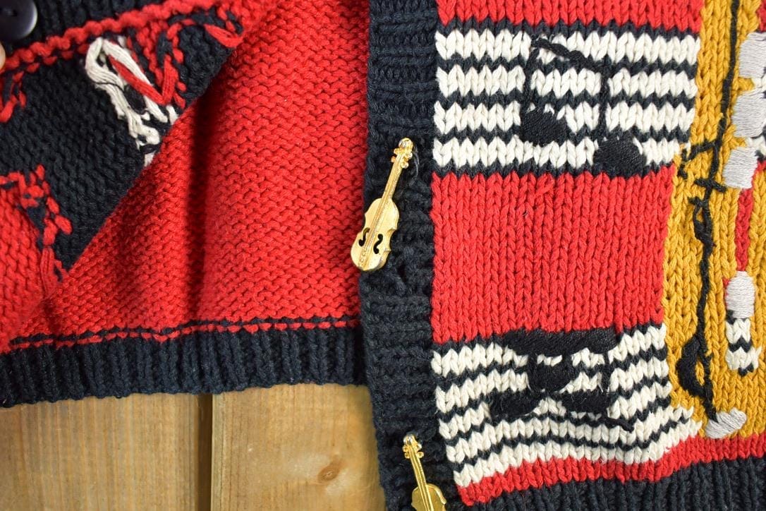 Vintage 1990s Bellepointe Music Instrument All Over Print Knit Abstract Pattern Cardigan Sweater Women's L from propervintagecanada