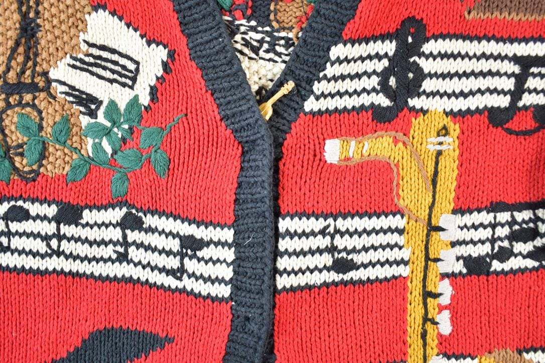 Vintage 1990s Bellepointe Music Instrument All Over Print Knit Abstract Pattern Cardigan Sweater Women's L from propervintagecanada