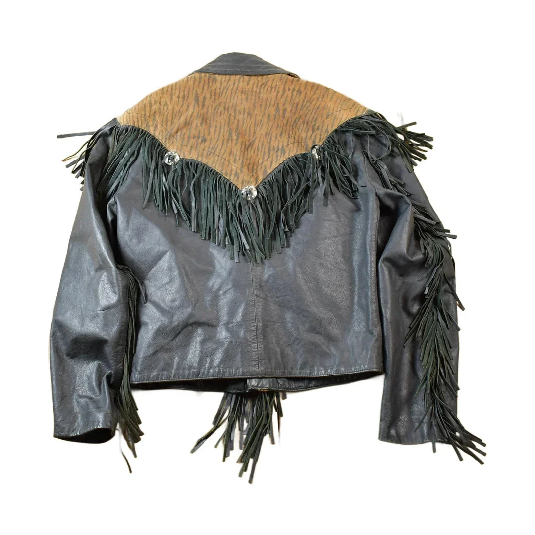 Vintage 1990s Bermans Leather Frills Tassel Animal Print Wild Print Motorcycle Jacket Made In USA from propervintagecanada