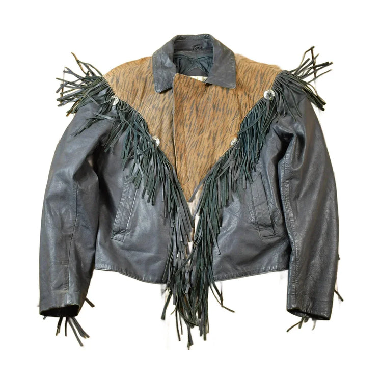 Vintage 1990s Bermans Leather Frills Tassel Animal Print Wild Print Motorcycle Jacket Made In USA from propervintagecanada