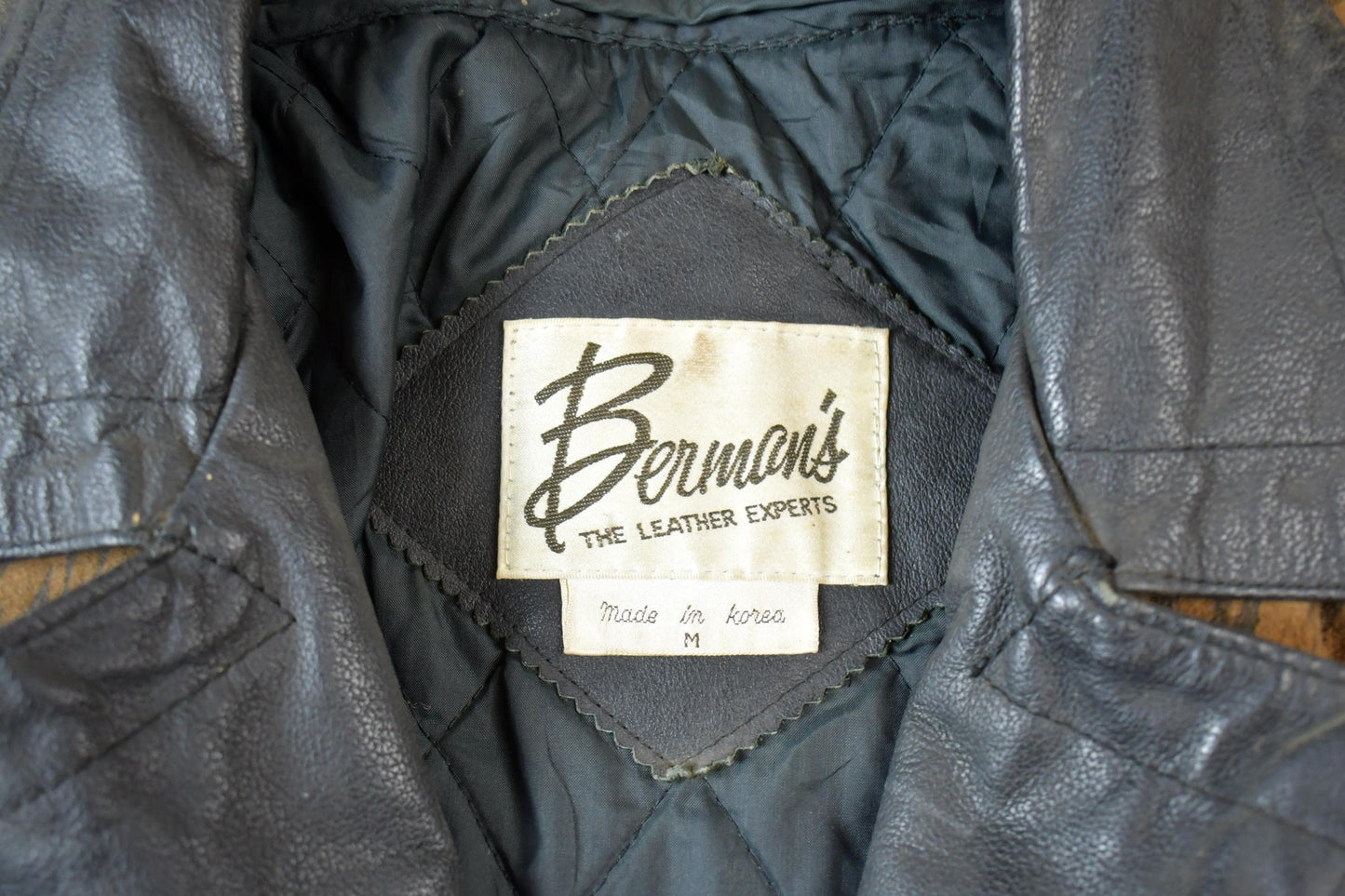 Vintage 1990s Bermans Leather Frills Tassel Animal Print Wild Print Motorcycle Jacket Made In USA from propervintagecanada