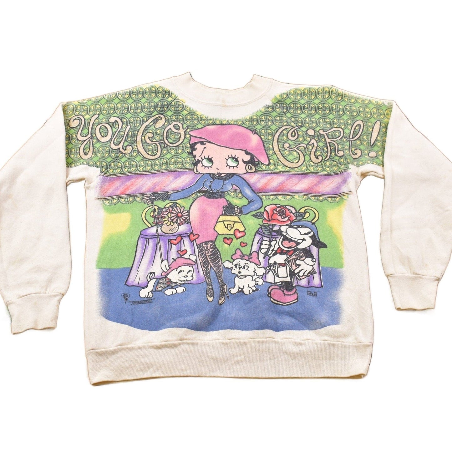 Vintage 1990s Betty Boop " You Go Girl" All Over Print Crewneck Sweatshirt Youth M from propervintagecanada