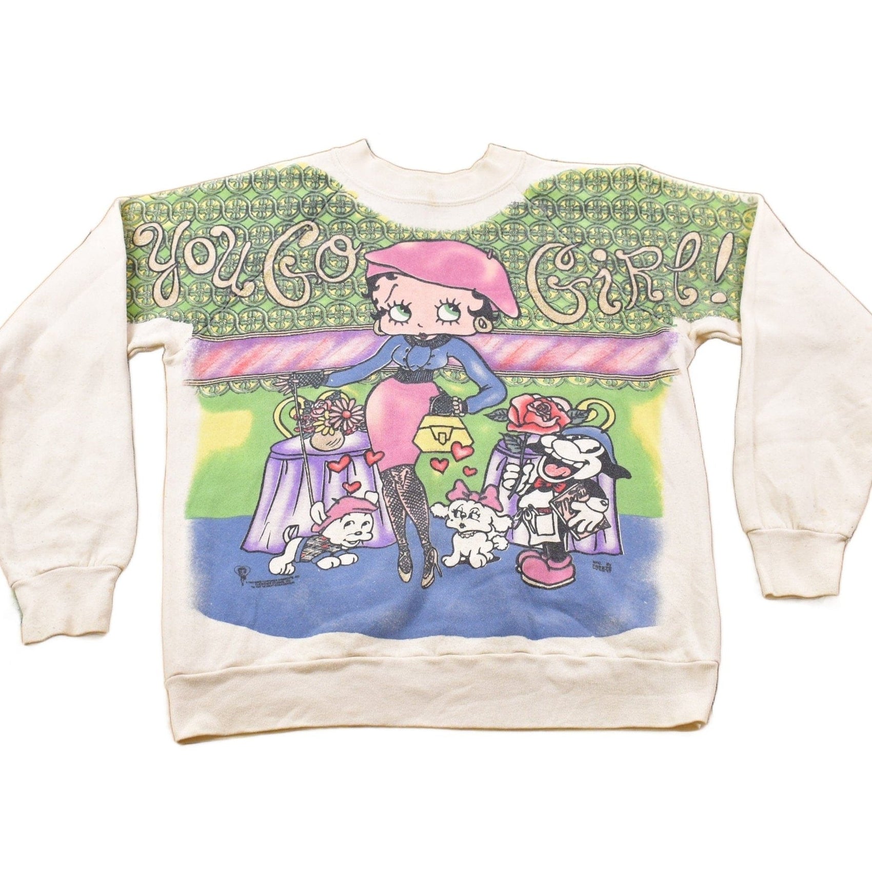 Vintage 1990s Betty Boop " You Go Girl" All Over Print Crewneck Sweatshirt Youth M from propervintagecanada