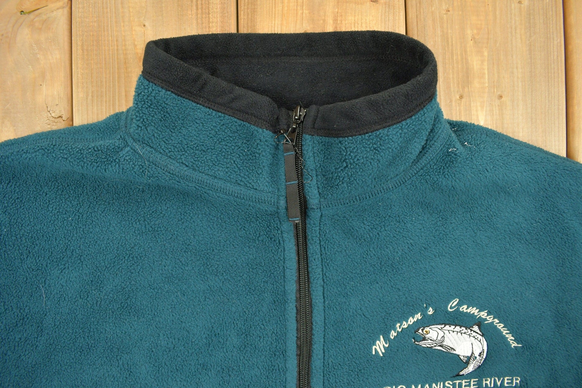 Vintage 1990s Big Manistee River Fleece Zip Up Sweater Men's Large from propervintagecanada