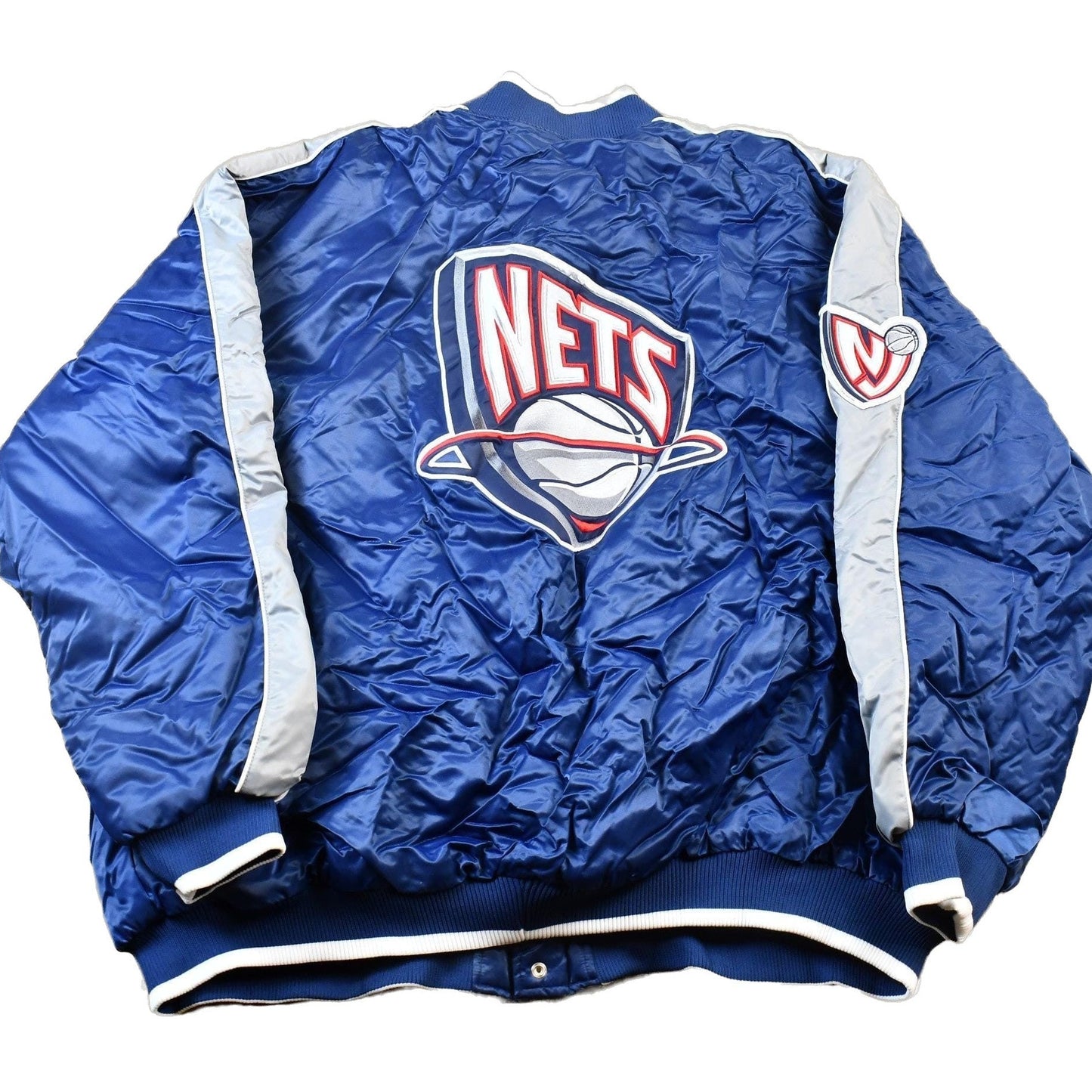 Vintage 1990s Bigman Sports New Jersey Nets NBA Basketball Embroidered Snap Button Satin Bomber Jacket Men's 4XL from propervintagecanada