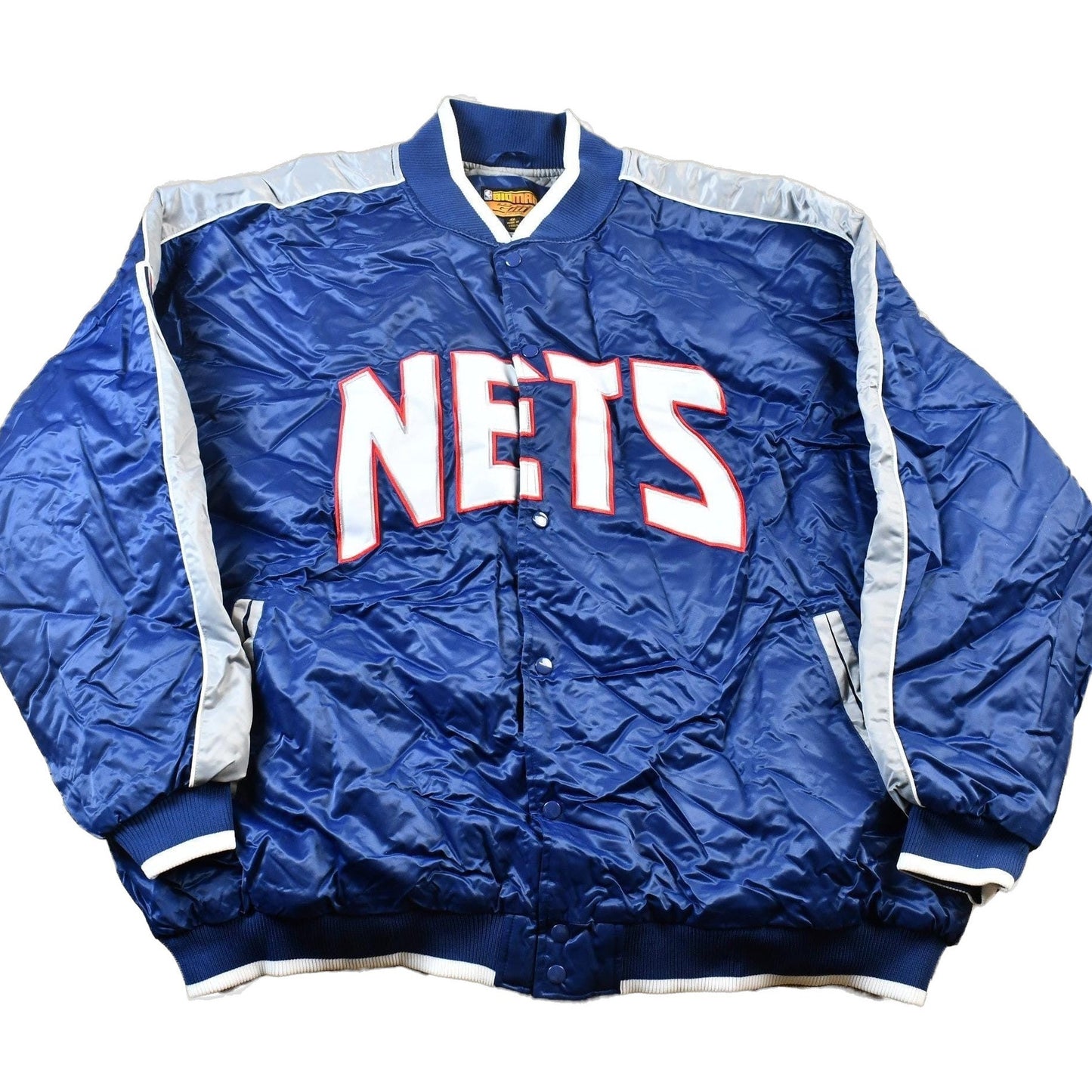 Vintage 1990s Bigman Sports New Jersey Nets NBA Basketball Embroidered Snap Button Satin Bomber Jacket Men's 4XL from propervintagecanada
