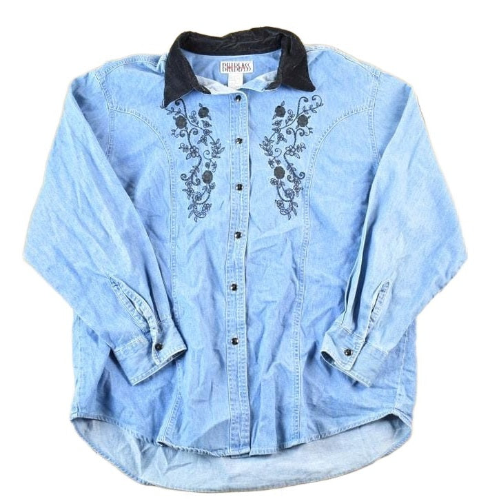 Vintage 1990s Bill Blass Velour Collar Denim Embroidered Floral Button Up Shirt Mens M from propervintagecanada
