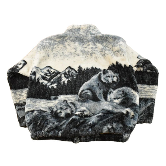 Vintage 1990s Black Mountain Wolf Theme All Over Print Zip Up Fleece Sweater Men's M from propervintagecanada